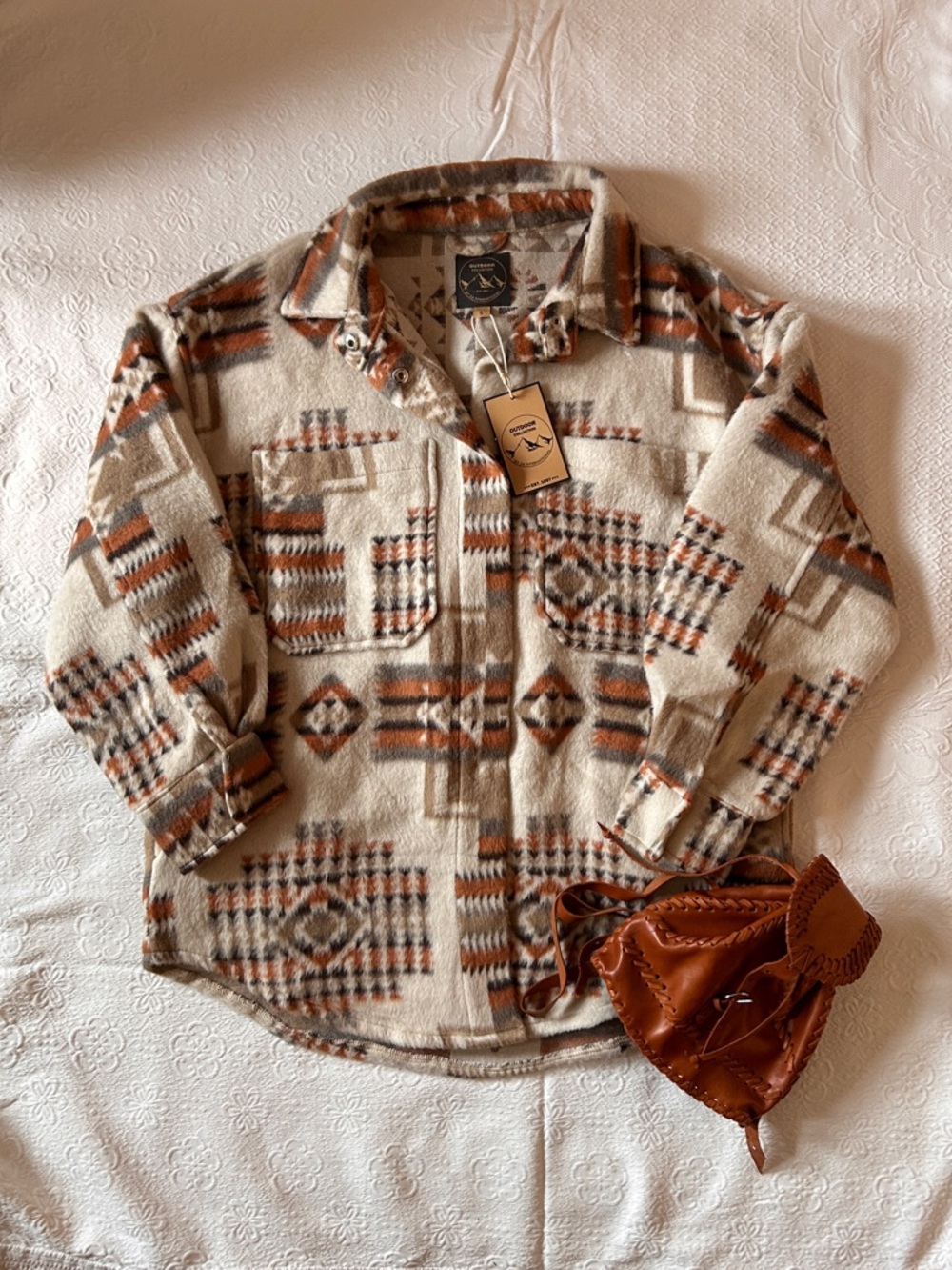 Southwestern Print Button-Up Shacket in Cream & Brown (NWT)